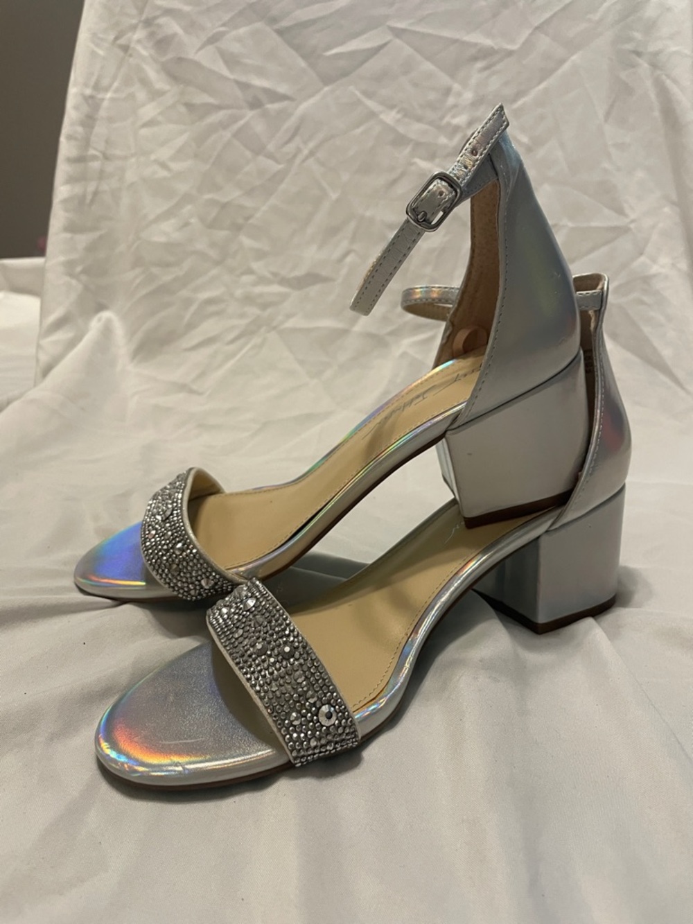 Betsey Johnson Silver Holographic Block Heel Sandals with Crystal Toe Strap